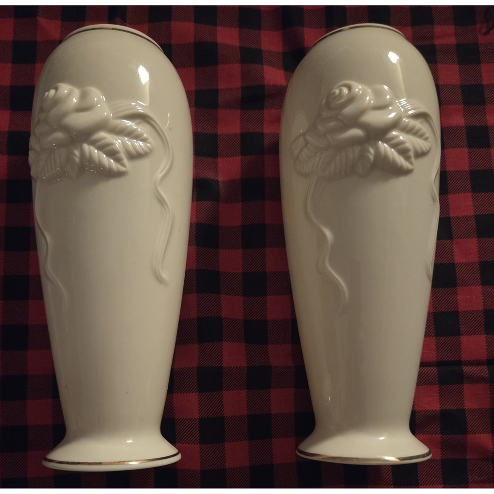 2 Lenox Ivory Porcelain Bud Vase Raised Rose & Ribbon Design Gold Trim